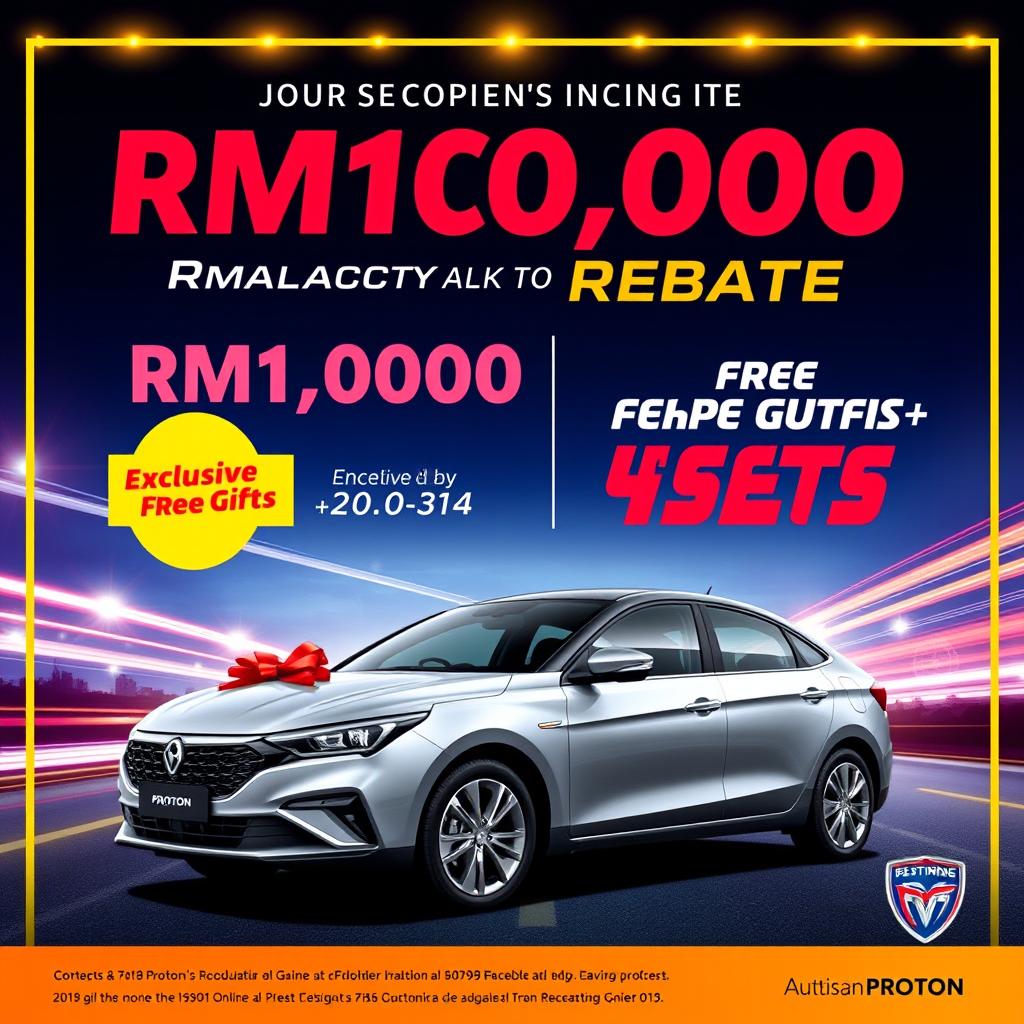 A high-quality promotional poster for Proton cars in Malaysia, prominently highlighting a special RM10,000 rebate along with exclusive free gifts