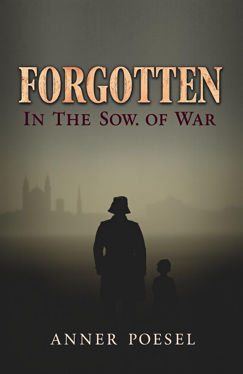 A book cover for "Forgotten in the Shadows of War" featuring a dark, muted background that gives a sense of time's dust covering a half-ruined city or a battlefield field shrouded in mist, evoking the feeling of distant memories