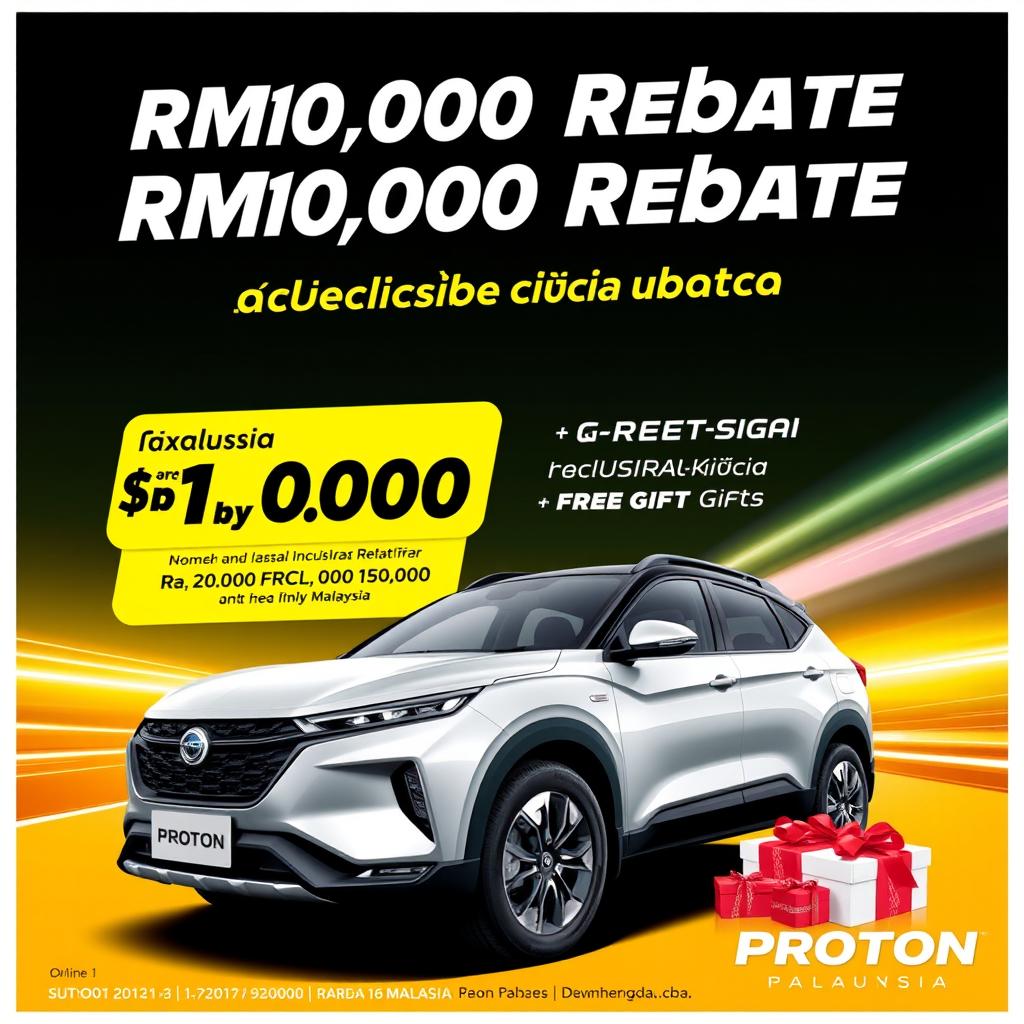 A high-quality promotional poster for Proton cars in Malaysia, featuring a special RM10,000 rebate along with exclusive free gifts