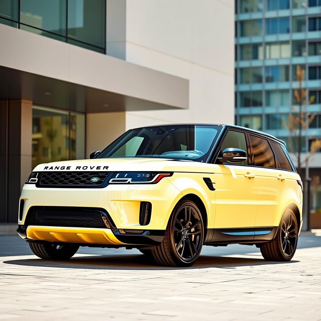 A 2023 Range Rover Sport in a creamy white color with a hint of yellow, featuring sleek black wheels and a full anti-chrome finish
