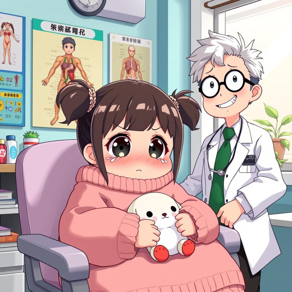 A fat, sad anime girl sitting in an anime doctor's office, surrounded by colorful medical posters and quirky decorations