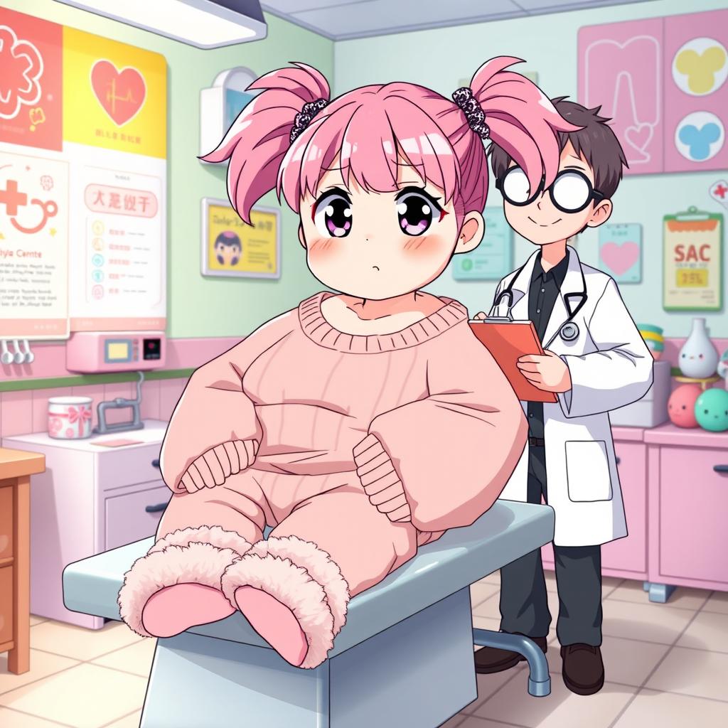 A overweight, melancholic anime girl with large expressive eyes, sitting on an examination table in a colorful, whimsical anime doctor's office