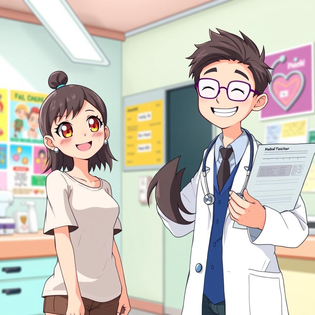 A happy anime girl with a slim figure visiting a cheerful anime doctor in a bright and colorful clinic