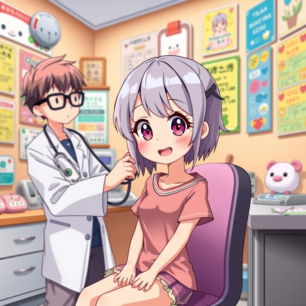 A cheerful, slim anime girl with brightly colored hair and large, expressive eyes, wearing a cute casual outfit, sitting in a cozy anime-themed doctor's office