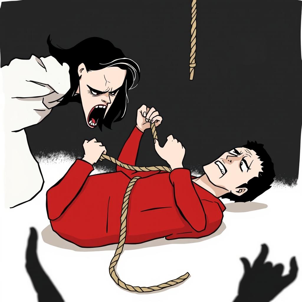 A chilling yet simplified illustration of a tense scene, depicting a woman grimly strangling her husband with a rope