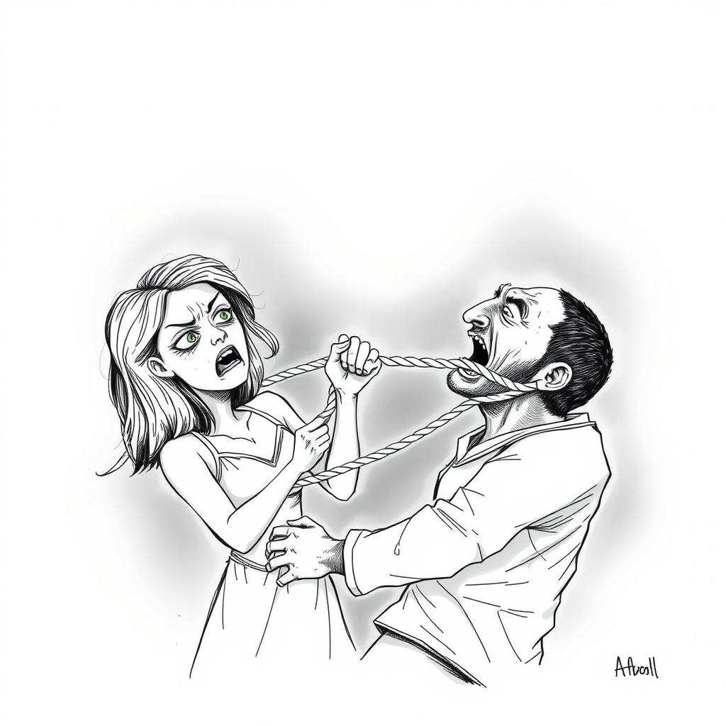 A chilling and intense scene depicting a woman in a dark room, her face showing a mixture of anger and determination as she strangles her husband with a thick rope
