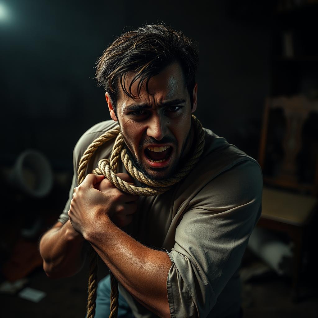 A dramatic and intense scene depicting a man in a struggle, portraying a sense of urgency and tension