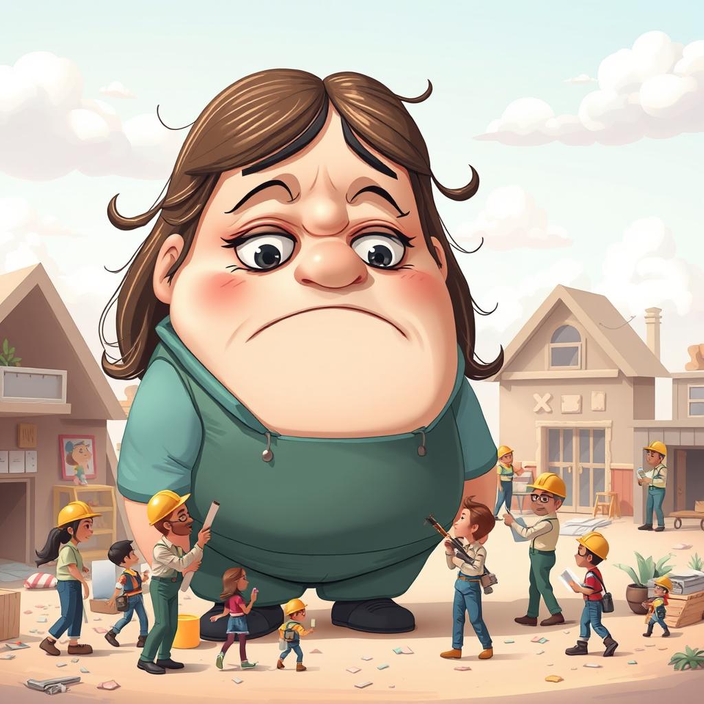 A whimsical scene featuring a big, fat, sad animated girl, larger than tiny cartoonish workers bustling around her, demonstrating a sense of industriousness and teamwork