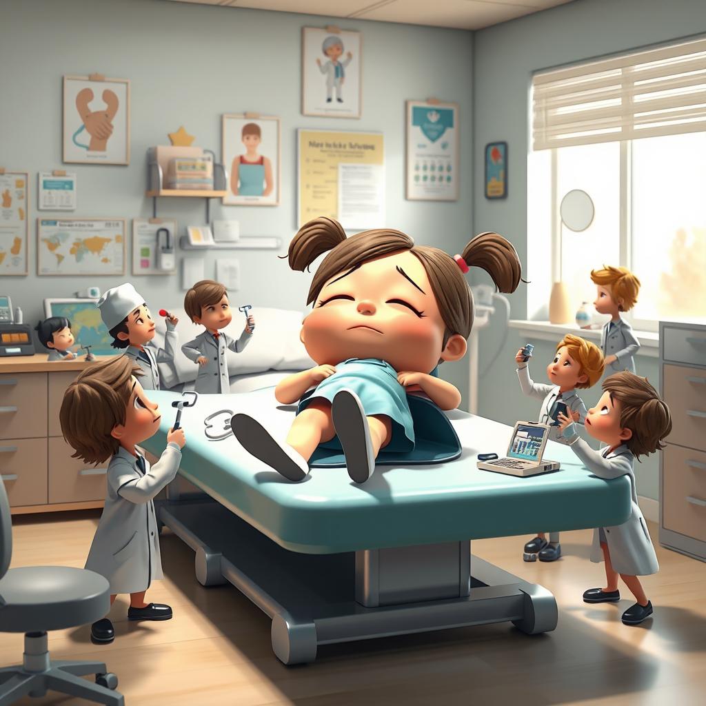 A whimsical scene in a doctor's office featuring little animated workers, such as tiny doctors and nurses, energetically working around a big, sad animated girl lying on an examination table