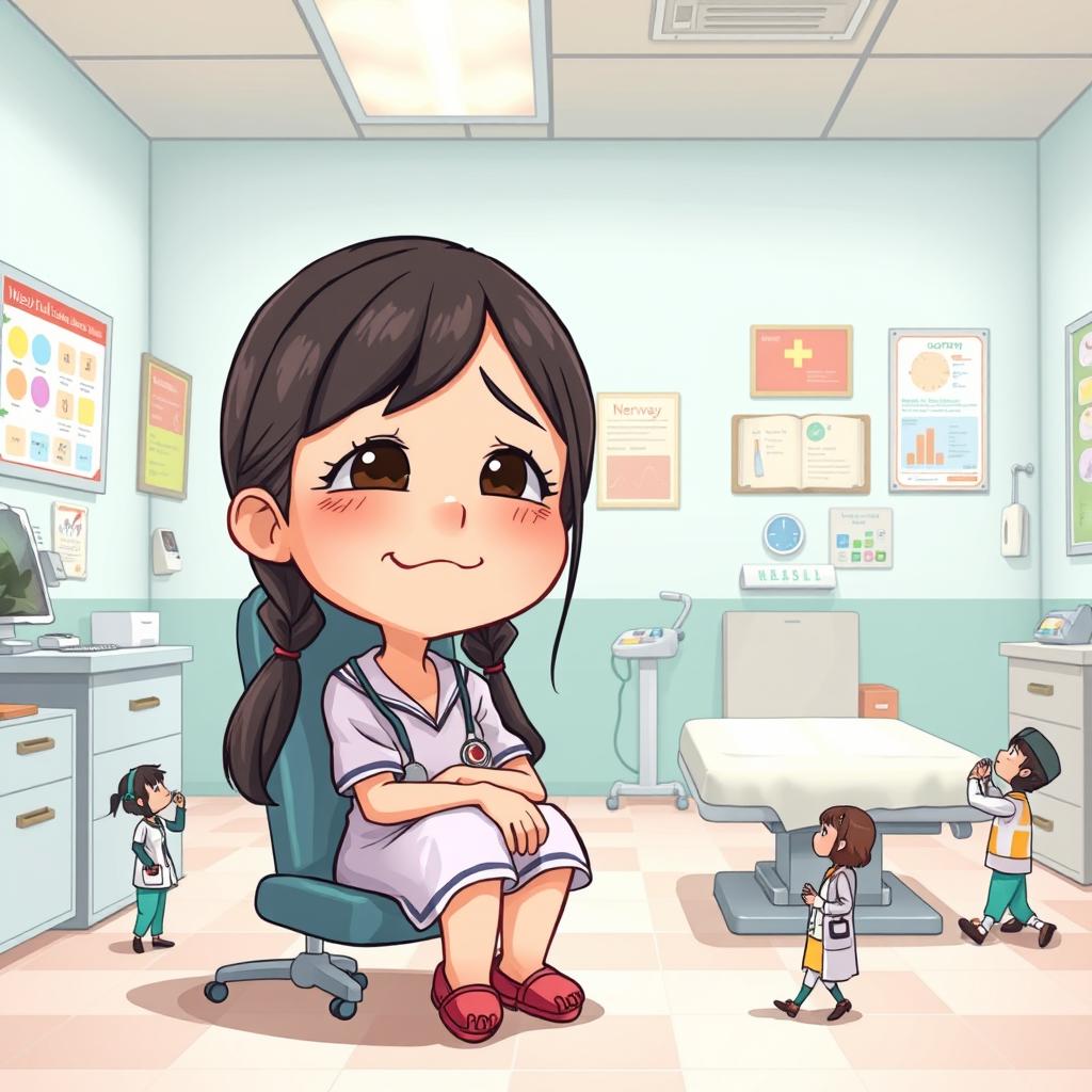 A whimsical scene depicting a cheerful yet melancholic cartoon girl sitting in a doctor's office, her size significantly larger than the tiny animated workers who are busily attending to her
