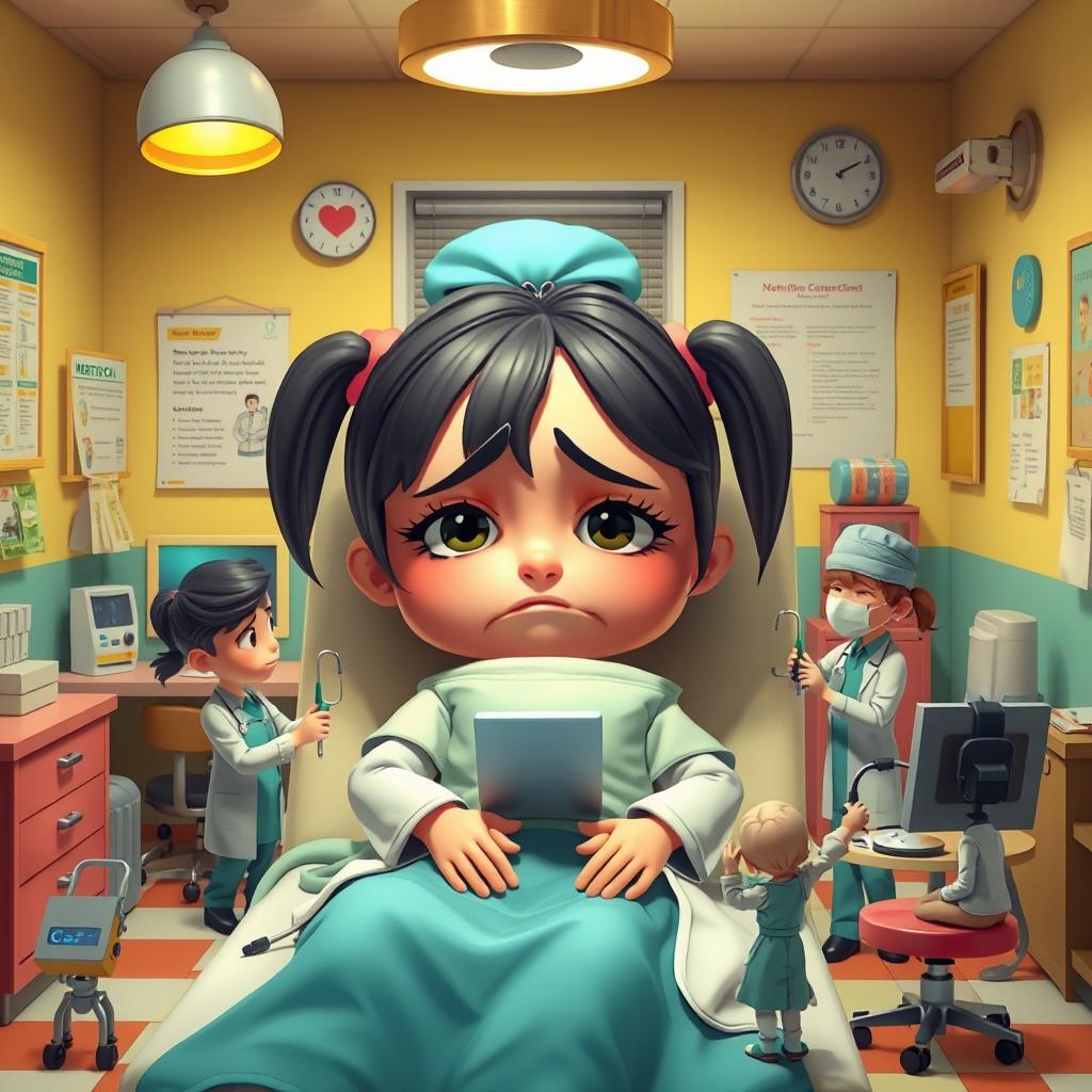 A whimsical scene depicting a large, cartoonish girl with an exaggeratedly sad expression sitting in a brightly colored doctor's office, surrounded by tiny animated workers