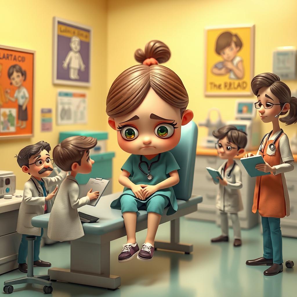 A whimsical scene depicting tiny animated workers diligently tending to a big, sad girl in a doctor's office
