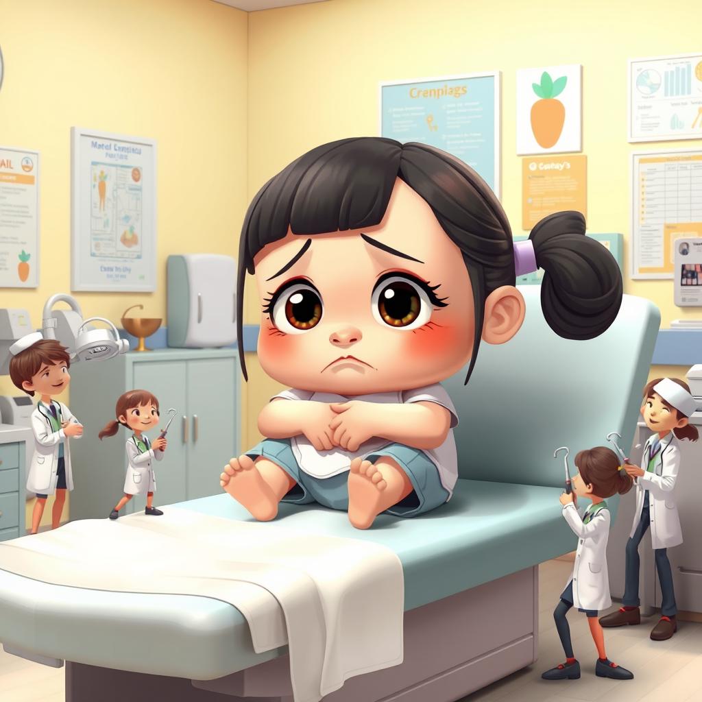 A whimsical animated scene in a doctor's office, featuring a large, chubby, sad animated girl sitting on an examination table