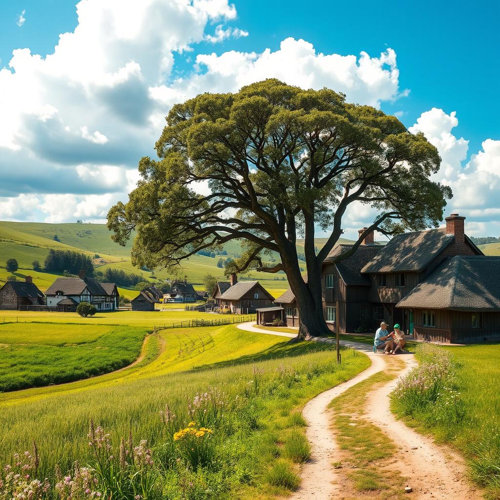 A picturesque rural landscape featuring a quaint village with traditional thatched-roof houses, surrounded by vibrant green fields and rolling hills