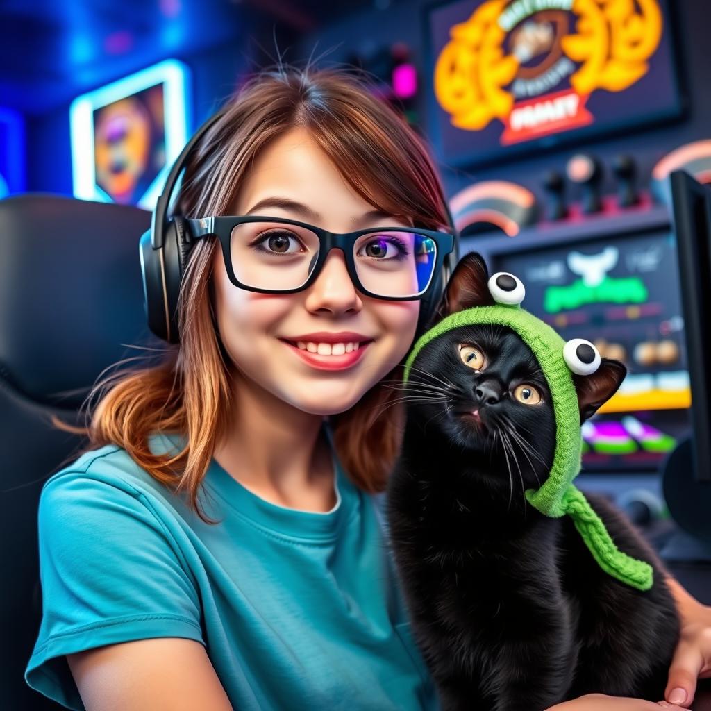 A girl with brown hair wearing gamer glasses, sitting in a streaming setup with a playful expression