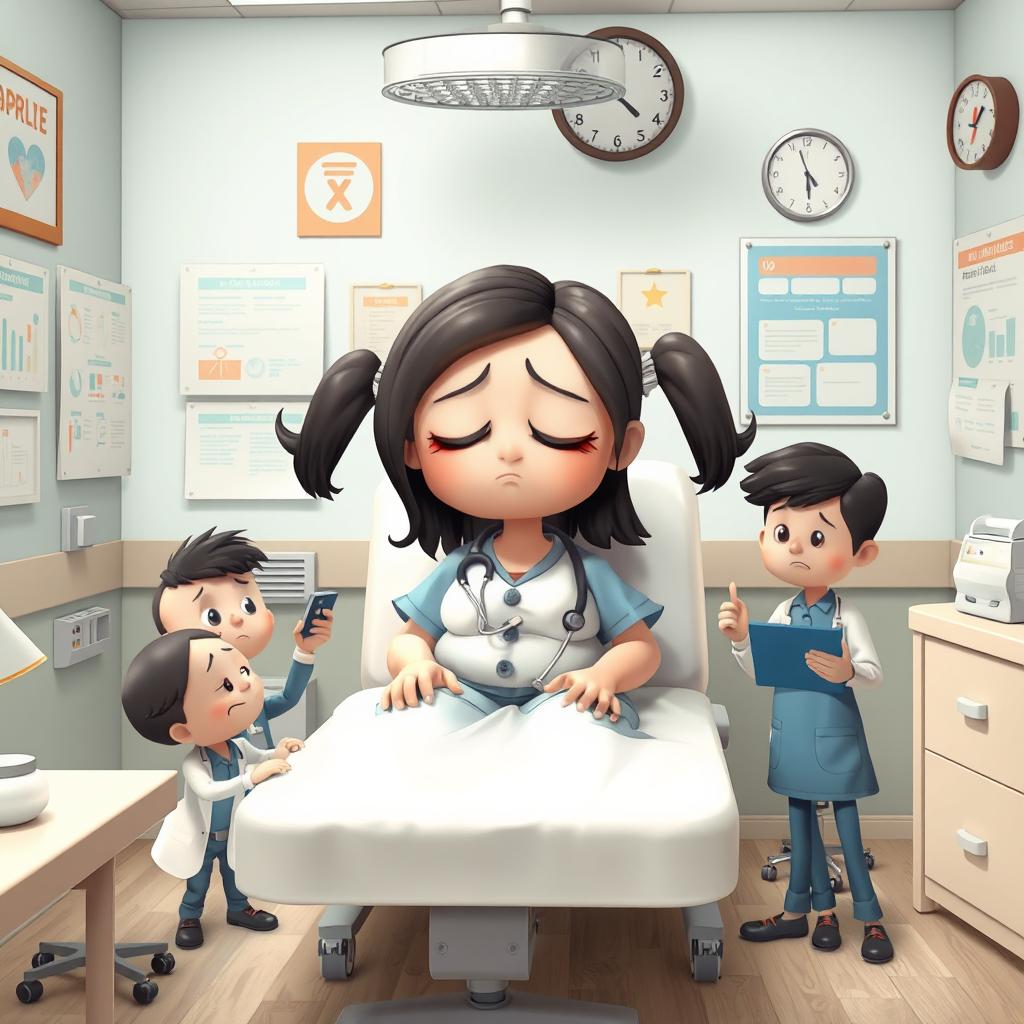 In a whimsical doctor's office setting, little animated workers are busily tending to a big, fat, sad animated girl