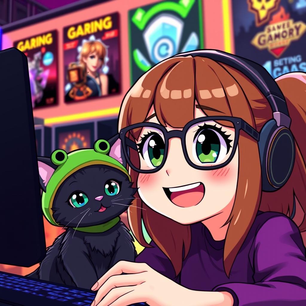 An animated girl with brown hair and gamer glasses, joyfully streaming her gameplay