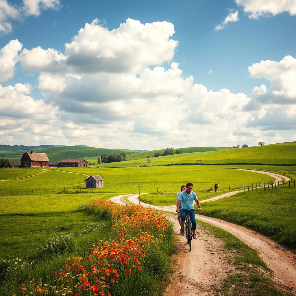 A scenic rural tourism landscape, featuring lush green fields, quaint farmhouses, and a winding dirt road