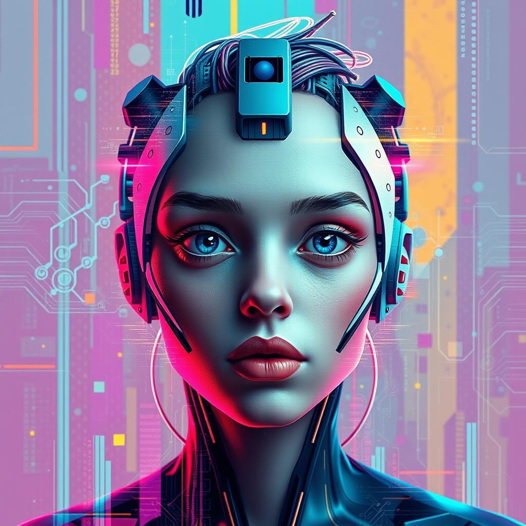 A futuristic digital artwork featuring a portrait with AI-inspired features like oversized eyes and unique facial structures