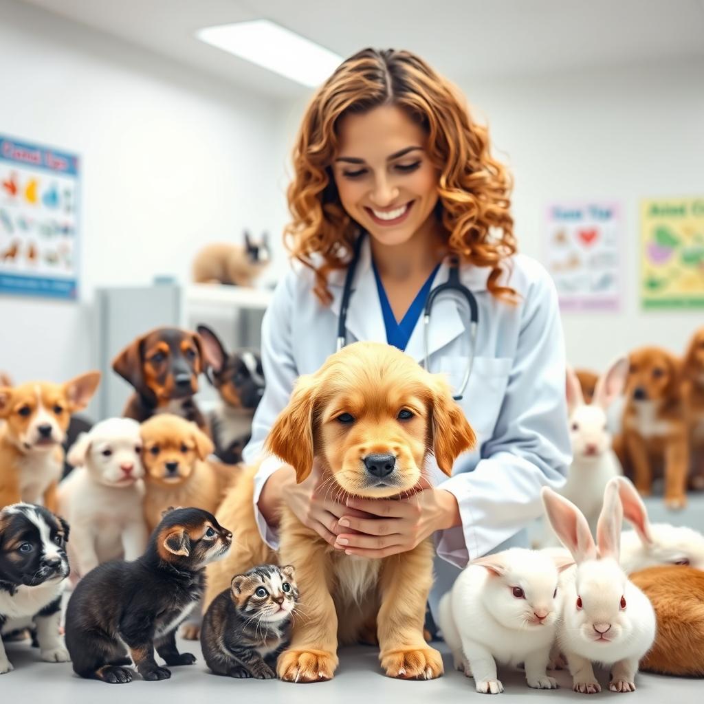 A charming and skilled veterinarian in a modern clinic, surrounded by various adorable pets including puppies, kittens, and rabbits