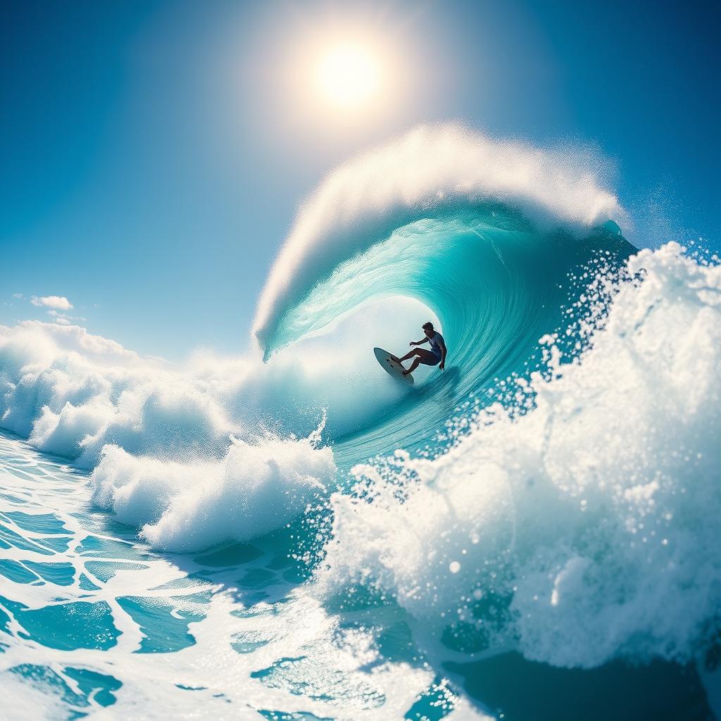 A dynamic scene of a surfer expertly riding a towering, powerful wave, showcasing the thrill and excitement of action sports
