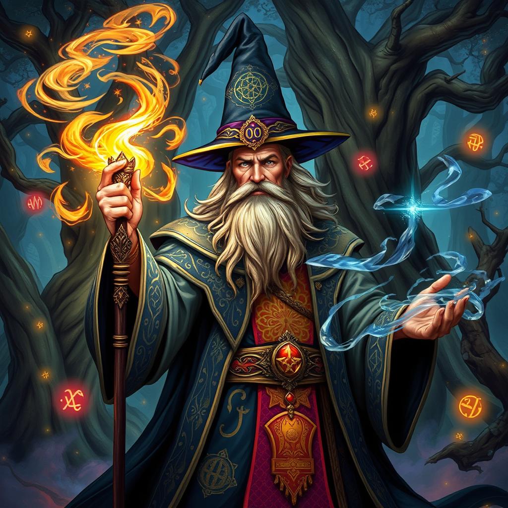 A powerful wizard immersed in the act of casting a spell, standing amid a mystical forest filled with glowing magical energies