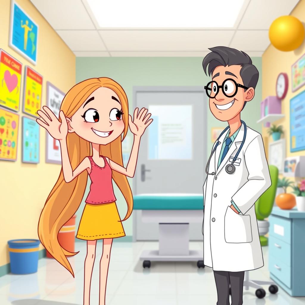 A cheerful, skinny animated girl, with long flowing hair and bright clothes, waving goodbye to a friendly doctor in a doctor's office