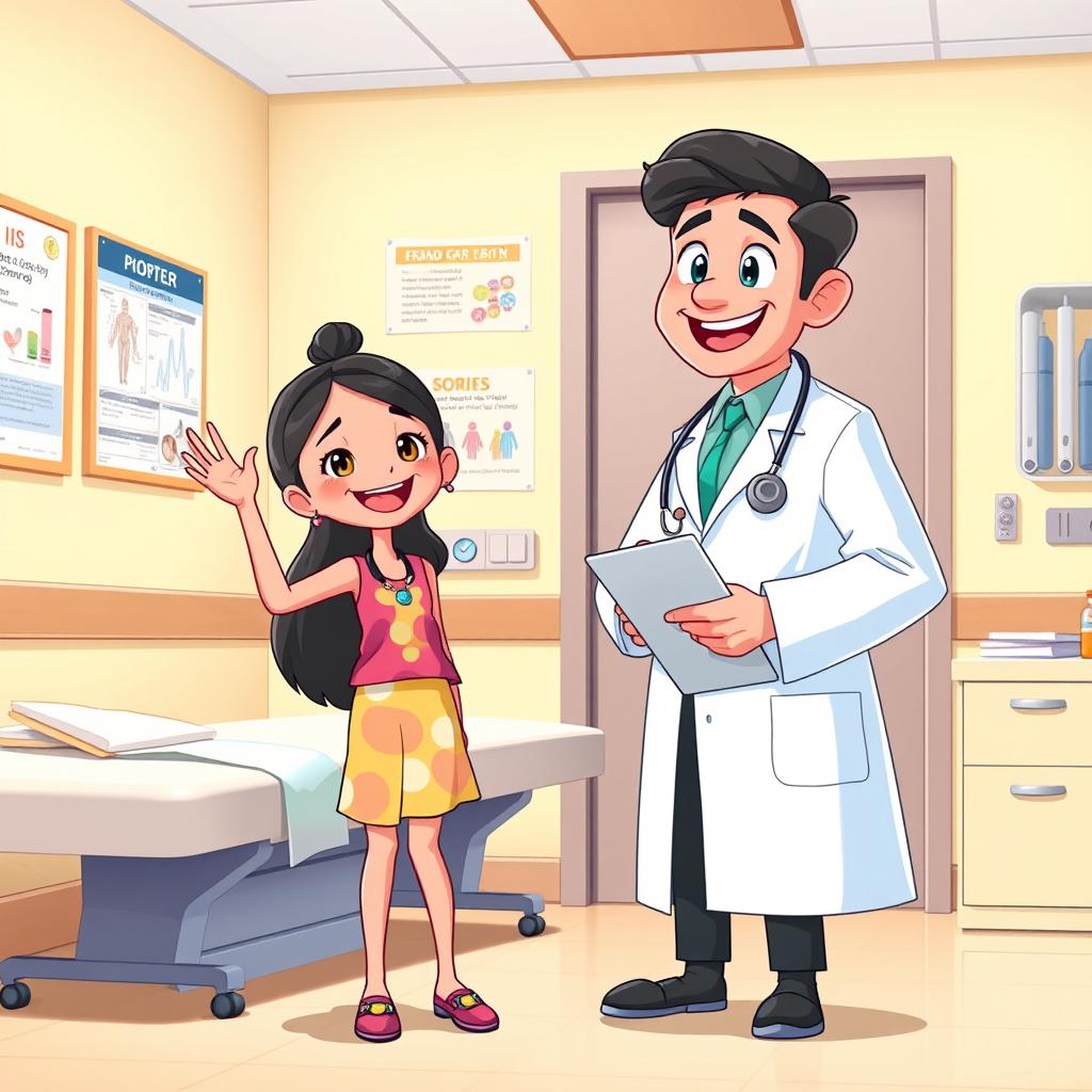A cheerful, slender animated girl happily waving goodbye to a friendly doctor in a doctor's office