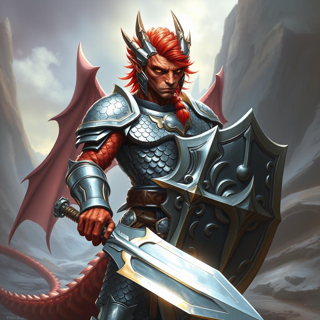 A majestic copper scaled dragonborn paladin with striking amber eyes and vibrant red hair