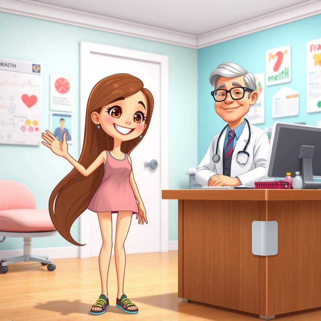 A cheerful, slender animated girl waving goodbye to a friendly doctor in a bright and colorful doctor's office