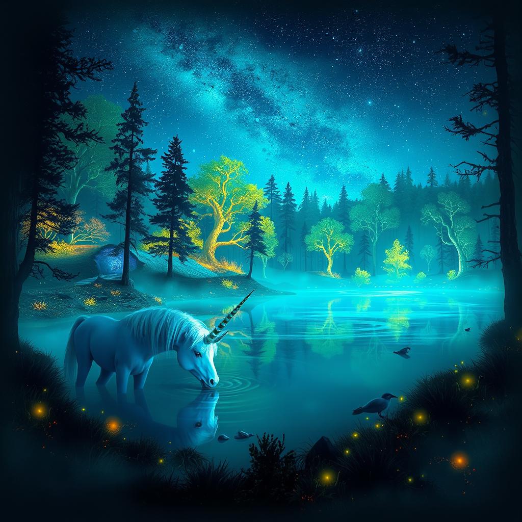 A mysterious and captivating fantasy landscape featuring an ethereal forest filled with glowing bioluminescent plants and trees, illuminated under a starry night sky
