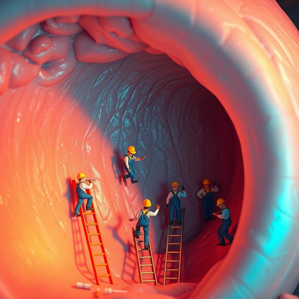 A surreal scene depicting tiny workers in a colorful, cartoonish style, actively ampoulating the inner wall of a gigantic stomach