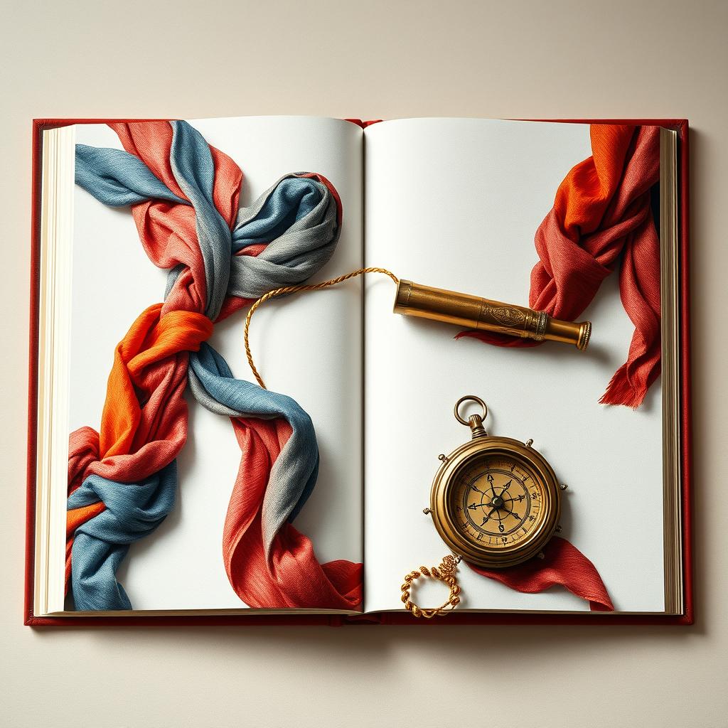 A beautifully rendered full-page book cover design that resembles an exquisite painting, showcasing a seamless arrangement of unique juhish woven cloth pieces artfully intertwined with a shimmering golden strand