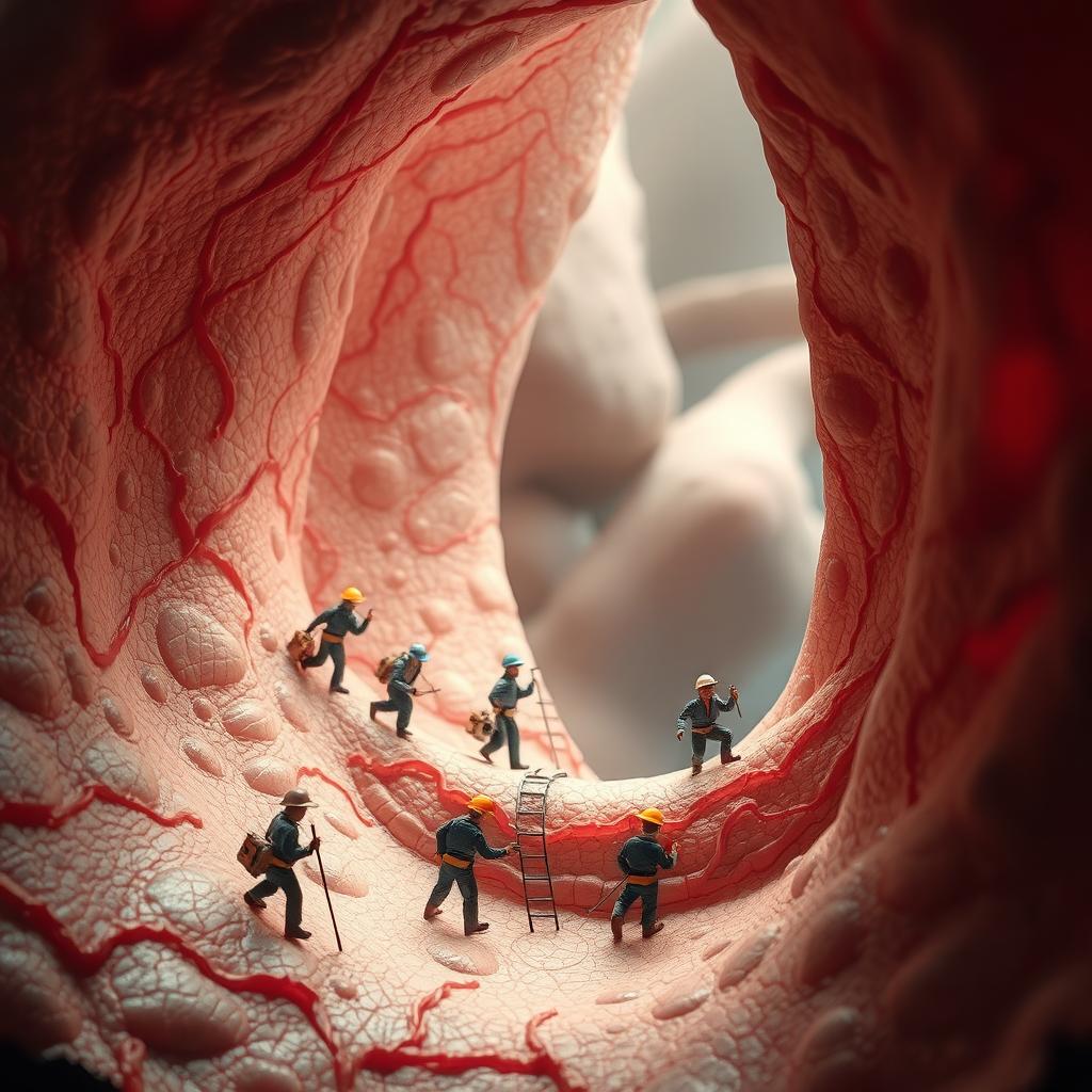 A surreal scene depicting tiny workers actively ampoulating the inner wall of a large, exaggerated stomach