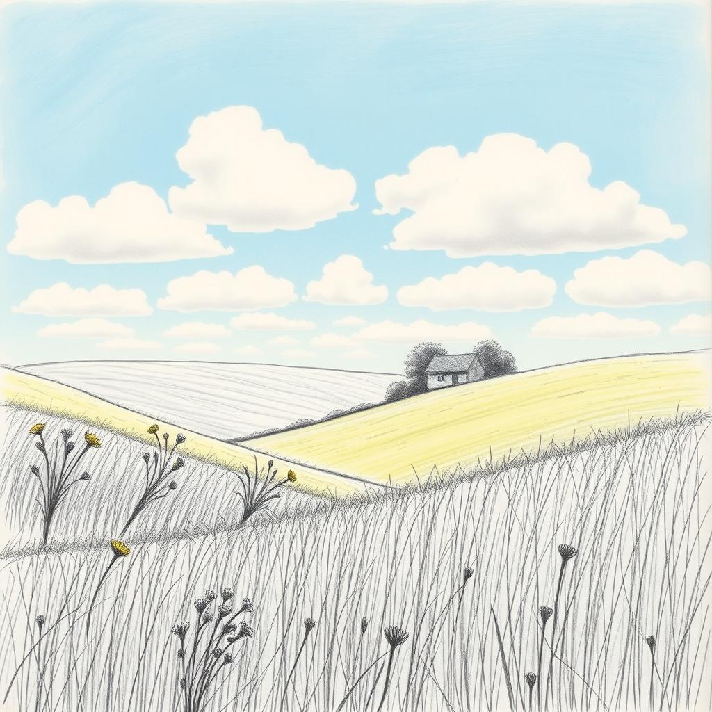 A beautiful and serene landscape drawing in pencil, showcasing rolling hills under a clear blue sky, with fluffy white clouds drifting overhead