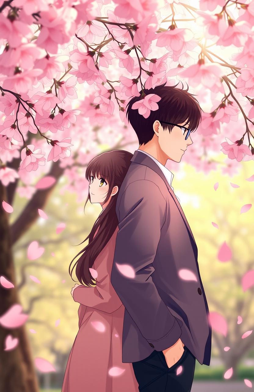 A romantic scene featuring a man and a woman standing back to back beneath a canopy of blooming cherry blossom petals