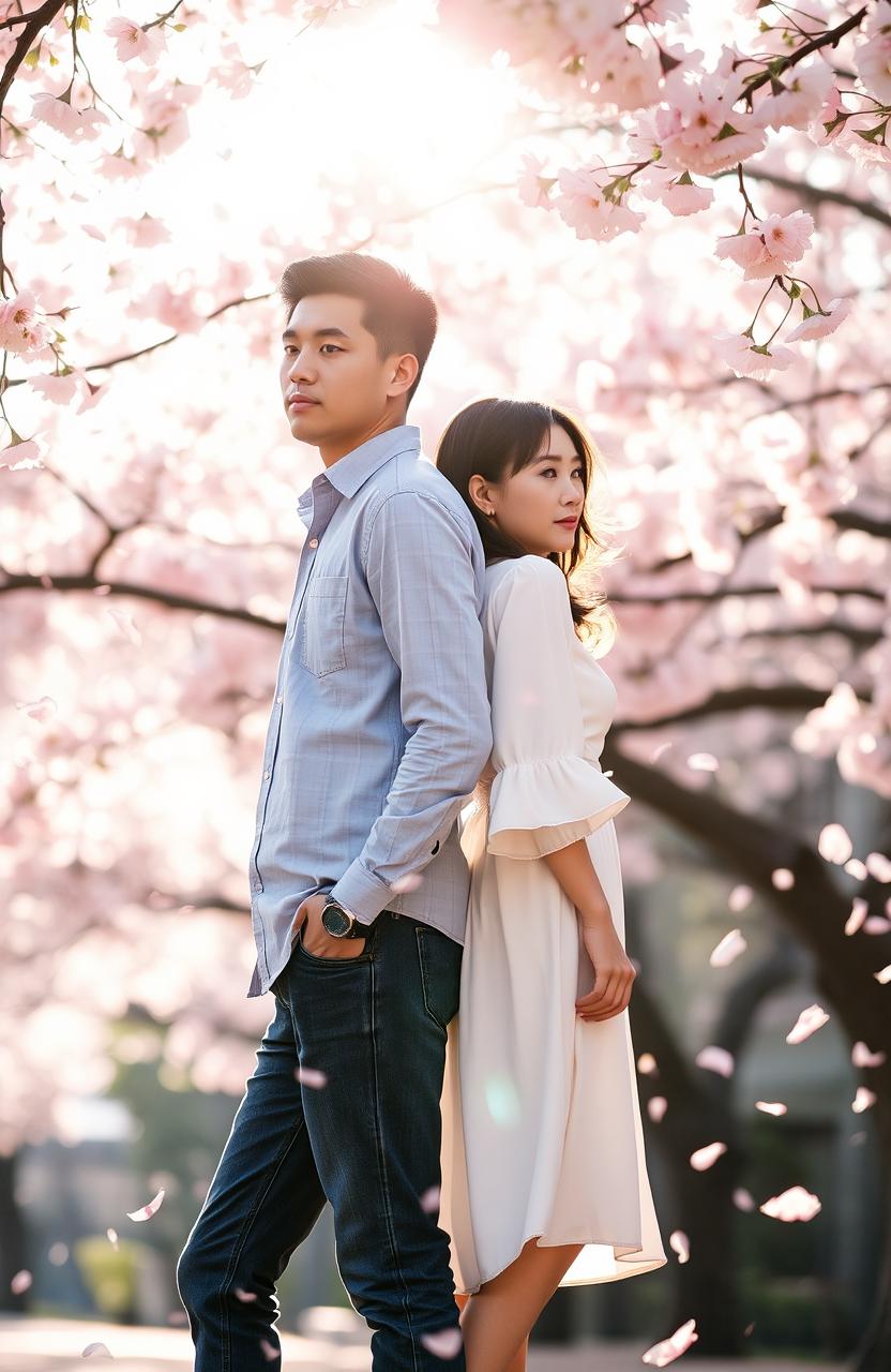 A man and woman standing back to back under falling cherry blossom petals, showcasing a realistic scene