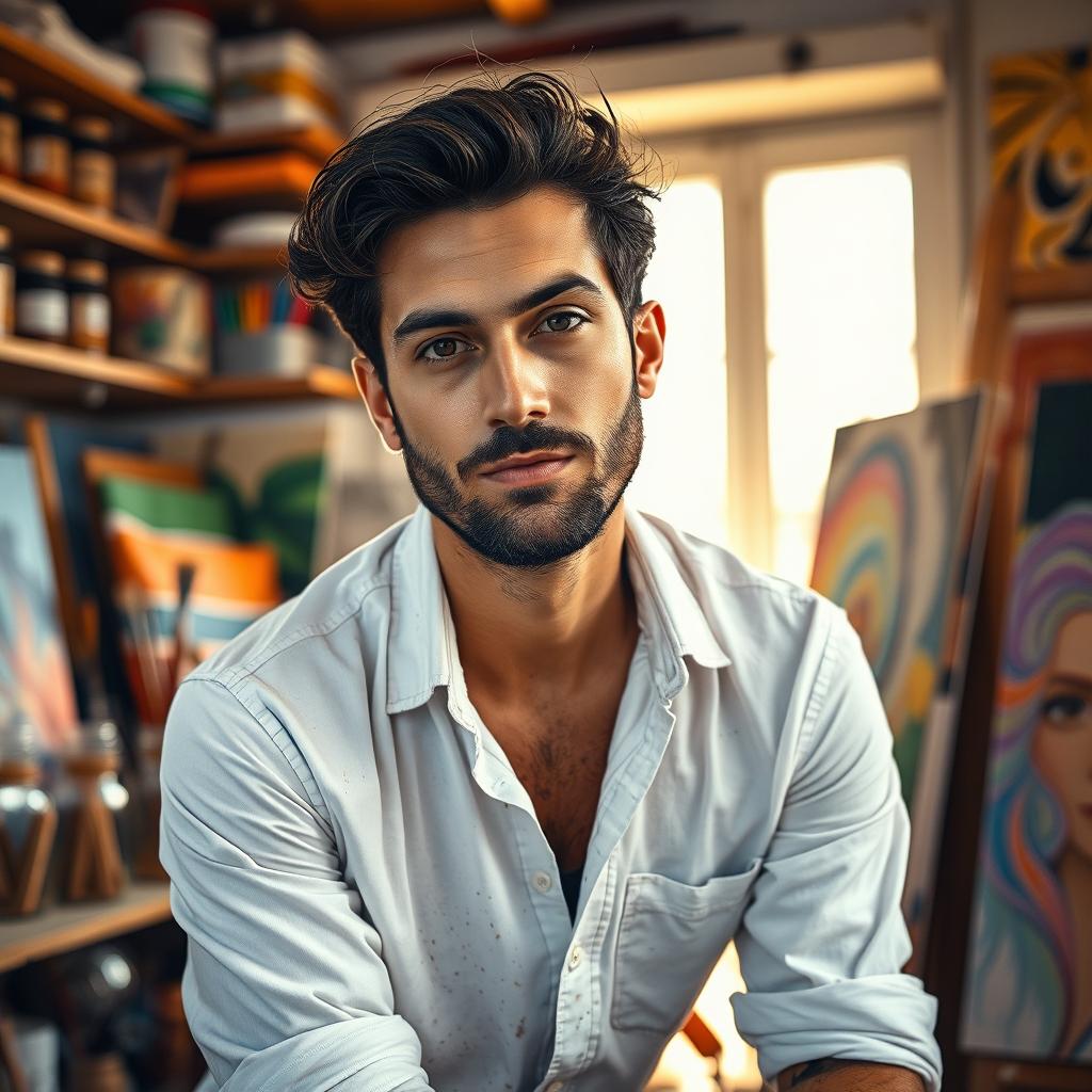 A captivating portrait of a man named Joseph, an artist in his mid-30s with a thoughtful expression, sitting in a cozy, sunlit studio filled with vibrant paintings