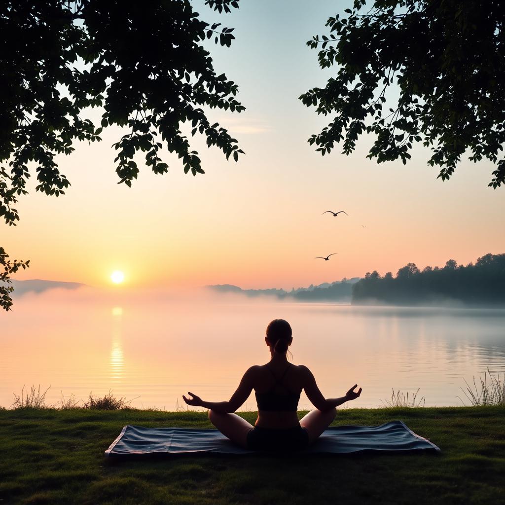 A serene morning meditation scene with a peaceful sunrise over a tranquil lake, soft pastel colors reflecting on the water, surrounded by lush greenery