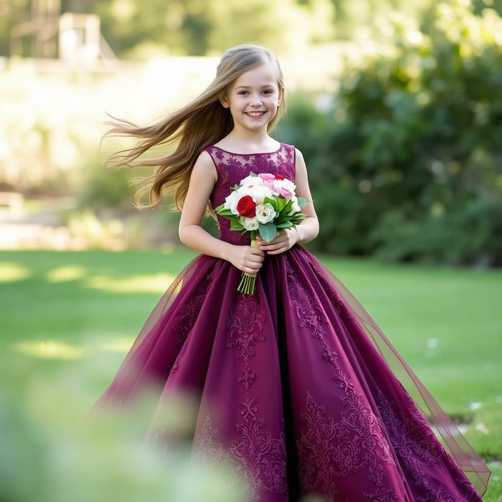 A beautiful girl wearing a deep maroon engagement dress, holding a bouquet of flowers