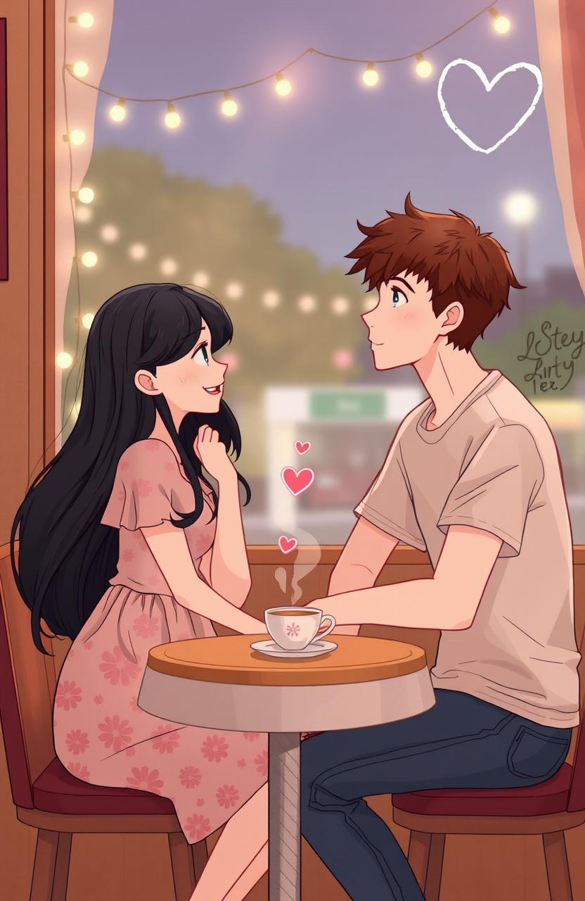 A romantic scene set in a cozy café, featuring a young couple sitting across from each other at a small table
