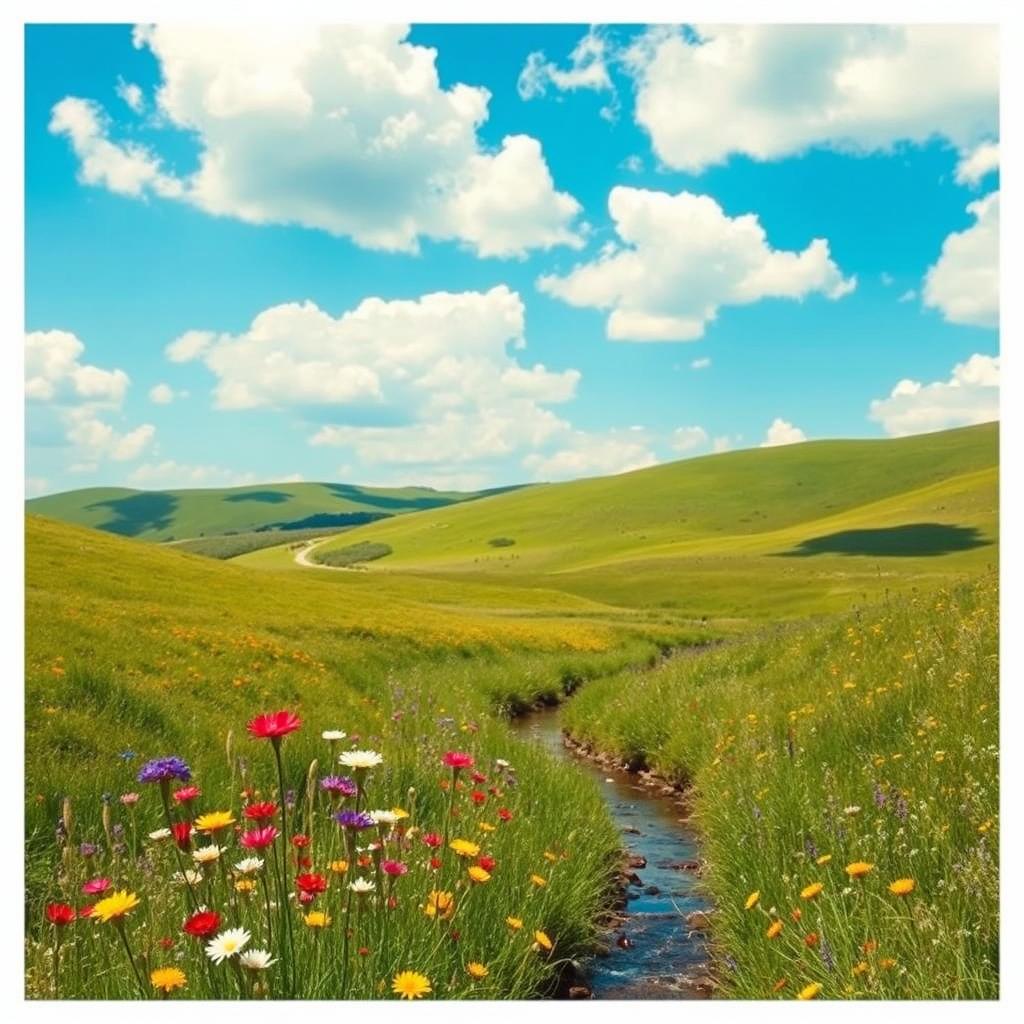 Image of a serene landscape featuring rolling green hills under a bright blue sky with fluffy white clouds