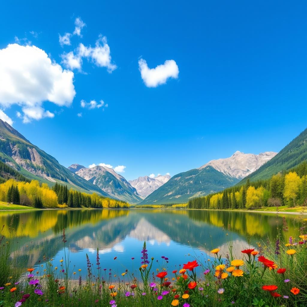 A beautiful landscape scene featuring a serene lake surrounded by majestic mountains under a bright blue sky