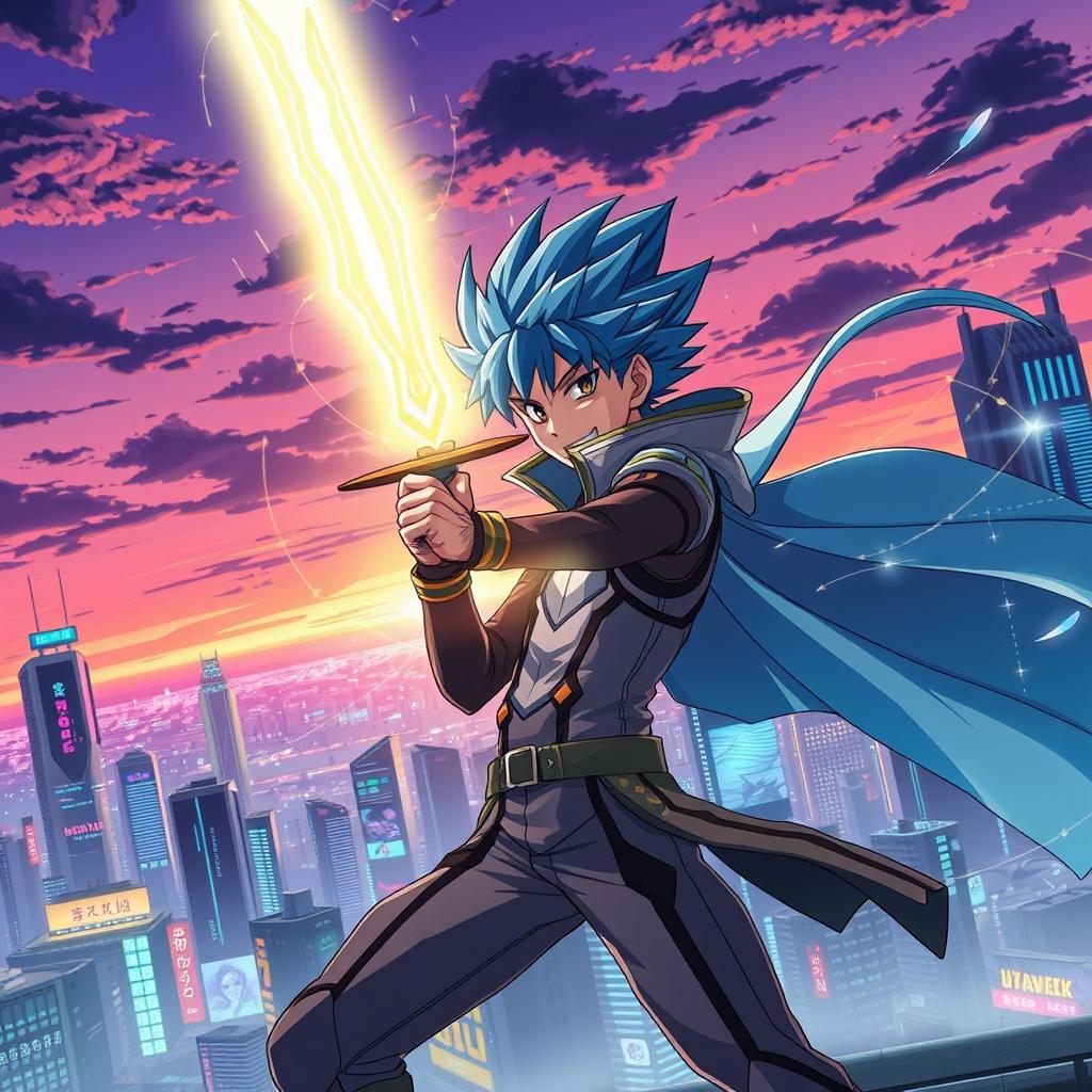 A stunning anime scene featuring a futuristic cityscape at twilight