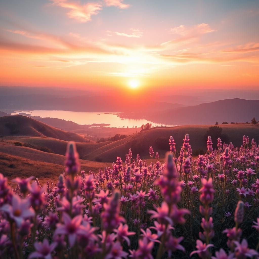 An enhanced photo for a beautiful aesthetic Instagram page, featuring a serene landscape with soft pastel colors, a tranquil sunset casting a warm glow over rolling hills and a calm lake reflecting the vibrant sky