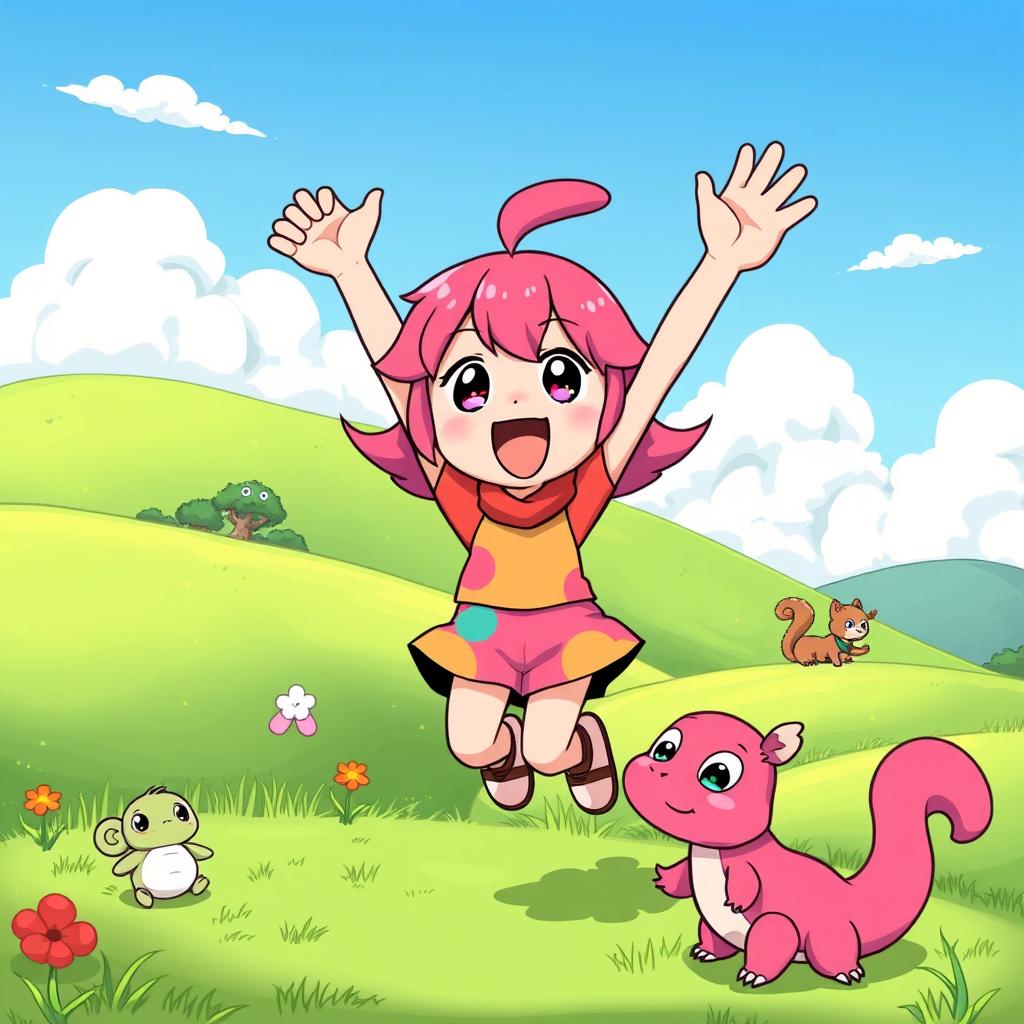 A vibrant cartoon/anime style illustration featuring a whimsical landscape with rolling green hills, fluffy white clouds, and a bright blue sky