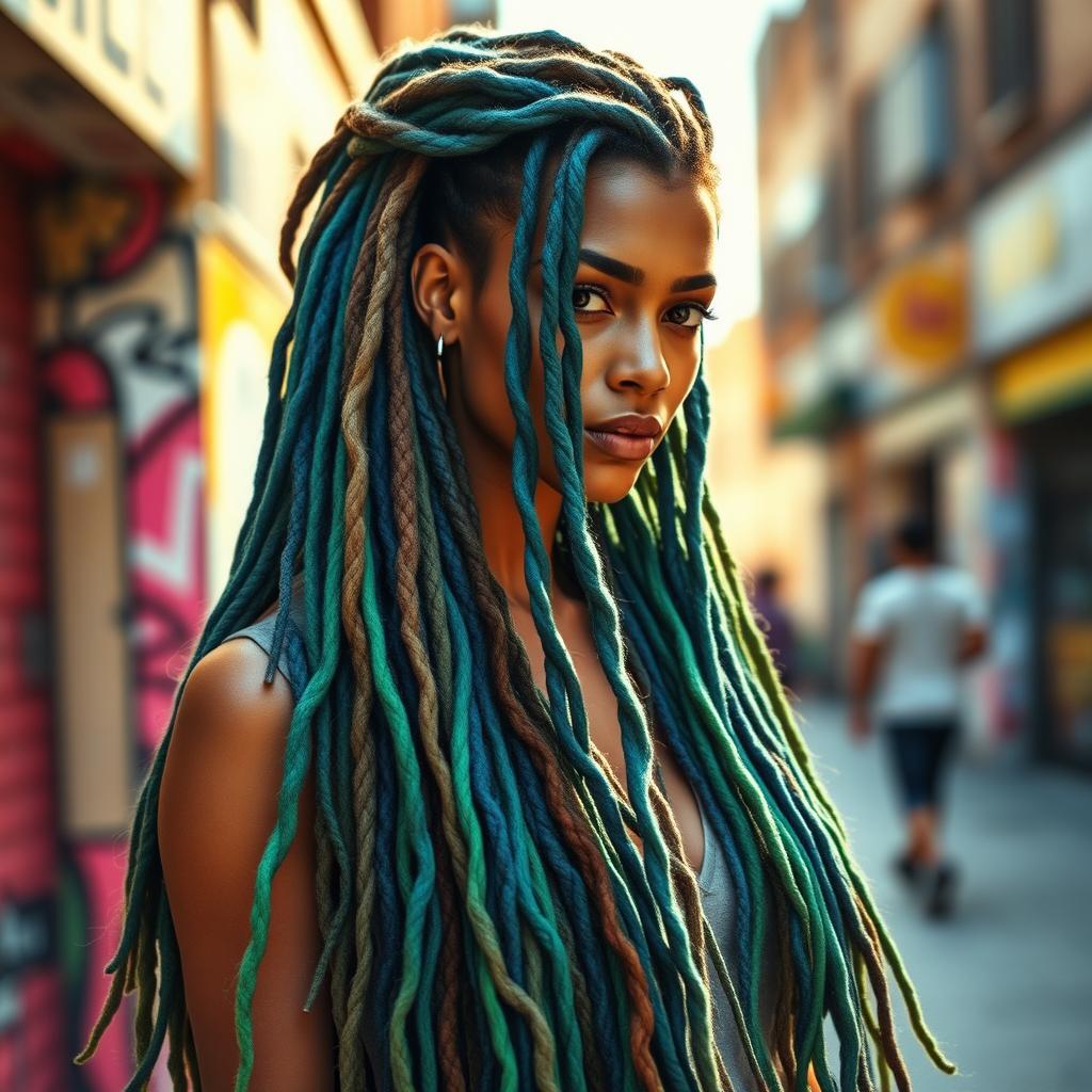 A beautifully styled character with long dreadlocks featuring a mix of blue, green, and chestnut brown strands
