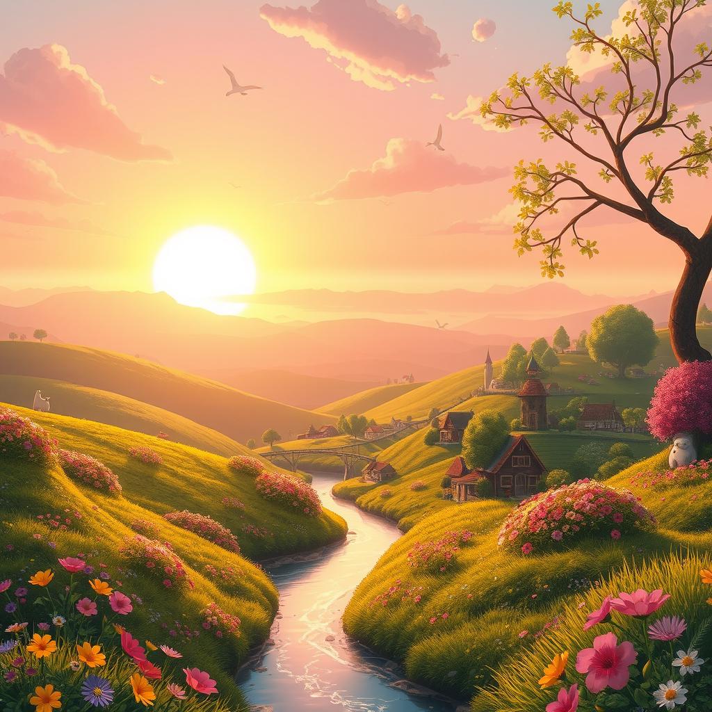 A whimsical landscape featuring a vibrant fantasy world reminiscent of Studio Ghibli films, with rolling hills, lush greenery, and colorful flowers in full bloom