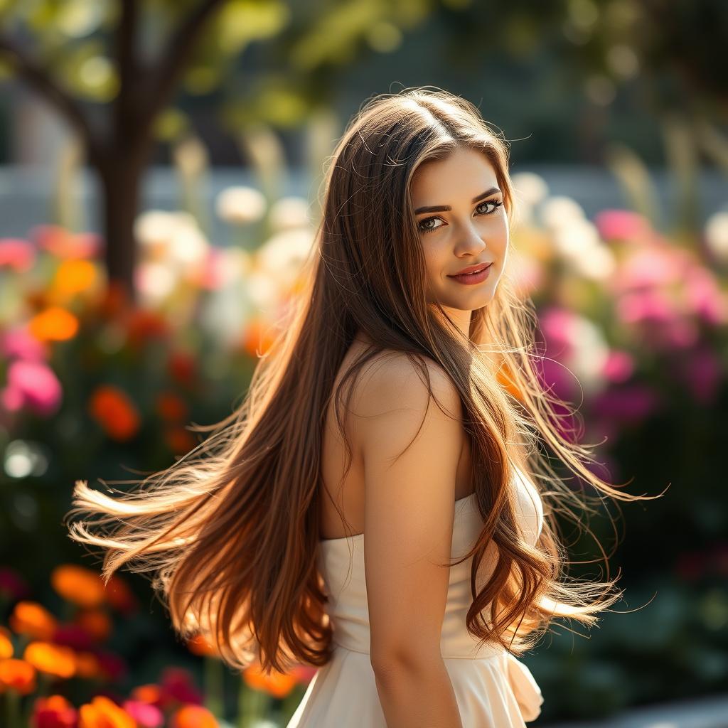 A stunning portrait of a young woman with long flowing hair, wearing a stylish and elegant dress, looking confidently towards the camera