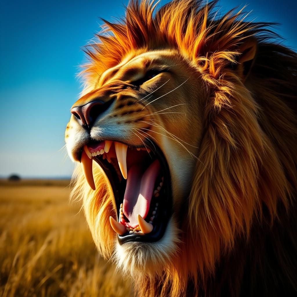 A close-up of a majestic lion displaying its large, powerful teeth while roaring, set in the lush savannah with golden grasses and an intense blue sky in the background